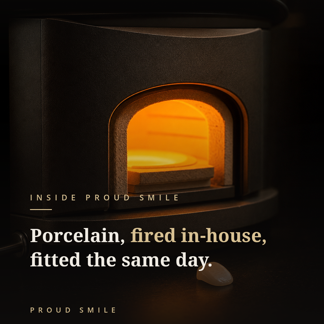 Porcelain, fired in-house, fitted the same day.